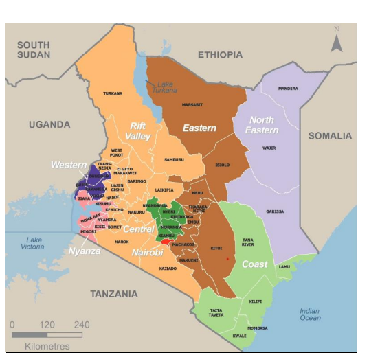 Figure 2 - Map of Kenya. Eight regions in white, as per before the 2010 Constitution: Nairobi, Central, Rift Valley,Western, North-Eastern, Eastern, Coast. 47 counties in black, as per after the 2010 Constitution.
Source: KDHS 2014 Final Report (ICF, 2015).